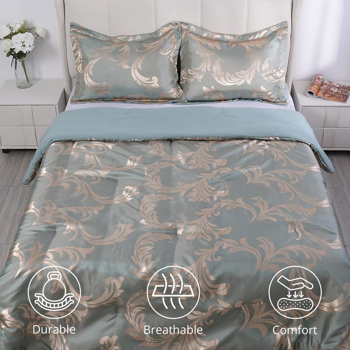 Homesmart Green Satin Jacquard Leaves Pattern Comforter Set - 1 Comforter and 2 Pillowcases (Queen Size) image number 1