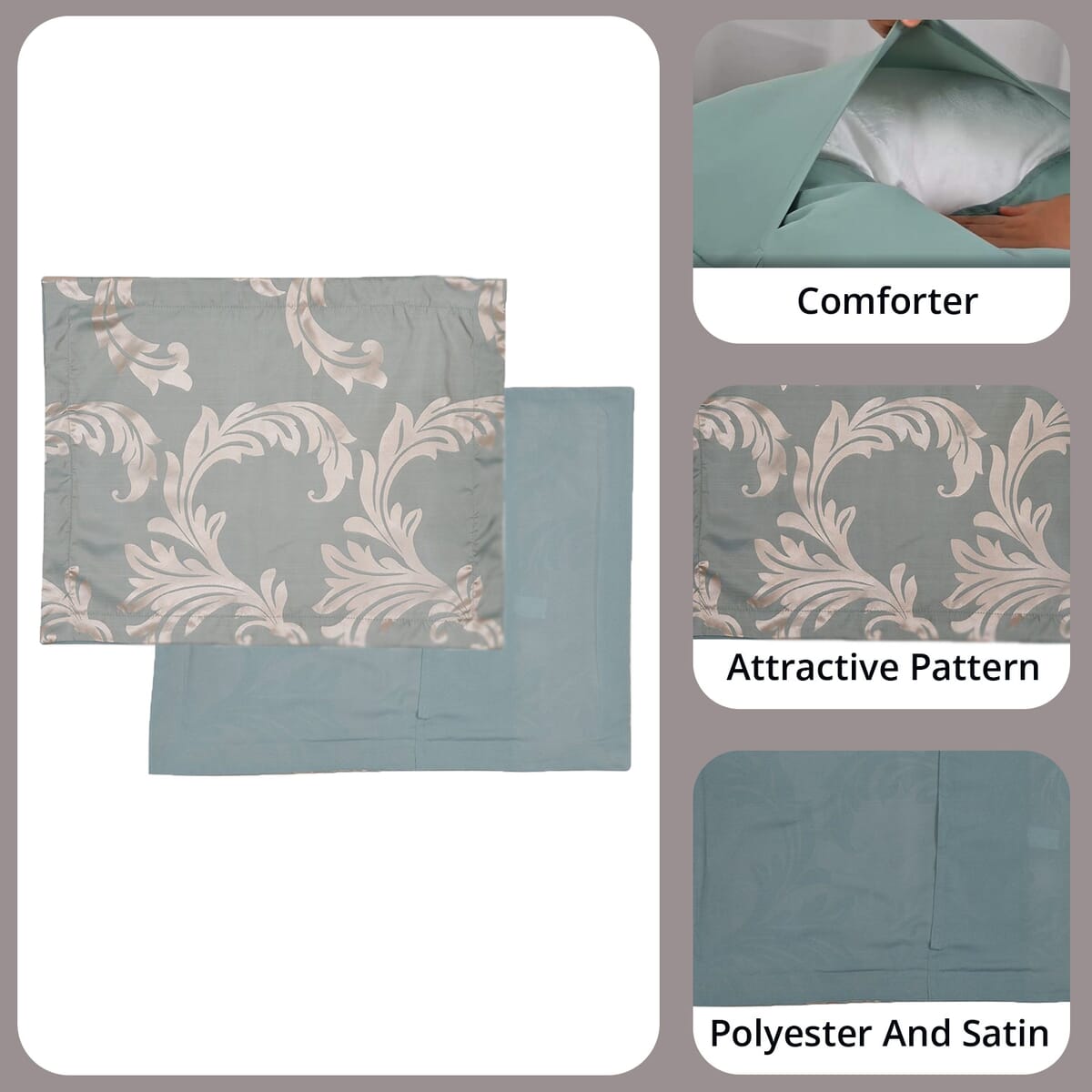 Homesmart Green Satin Jacquard Leaves Pattern Comforter Set - 1 Comforter and 2 Pillowcases (Queen Size) image number 2