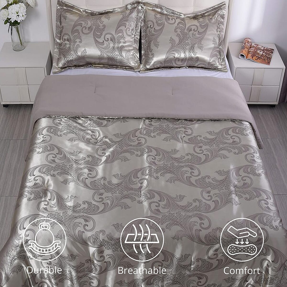 Homesmart Brown Satin Jacquard Floral Pattern Comforter Set - 1 Comforter and 2 Pillowcases (Queen Size) image number 1