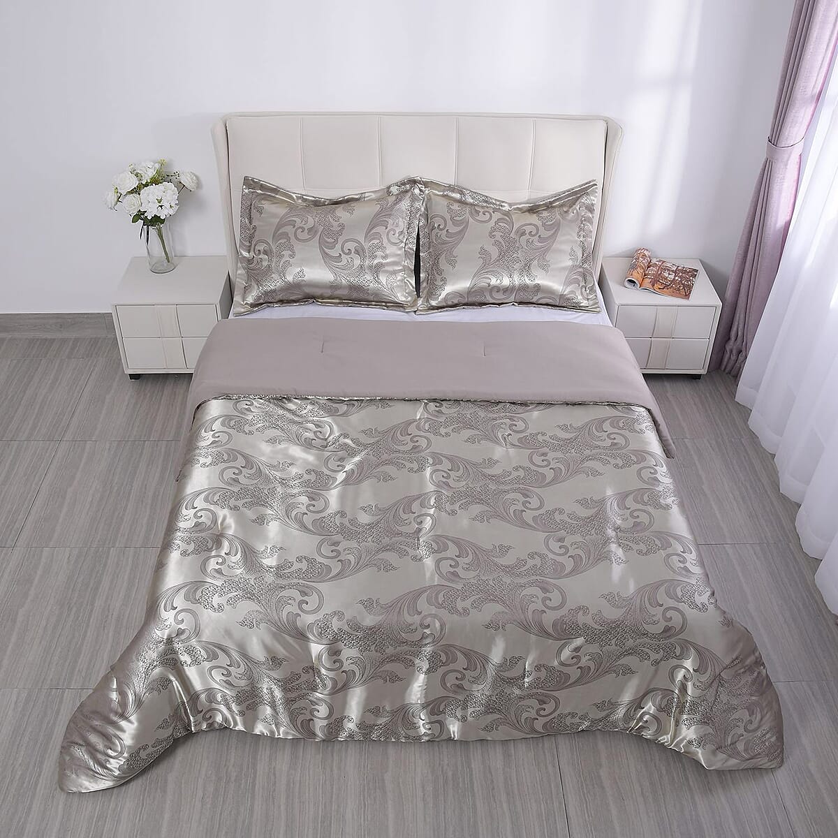 Homesmart Brown Satin Jacquard Floral Pattern Comforter Set - 1 Comforter and 2 Pillowcases (Queen Size) image number 5