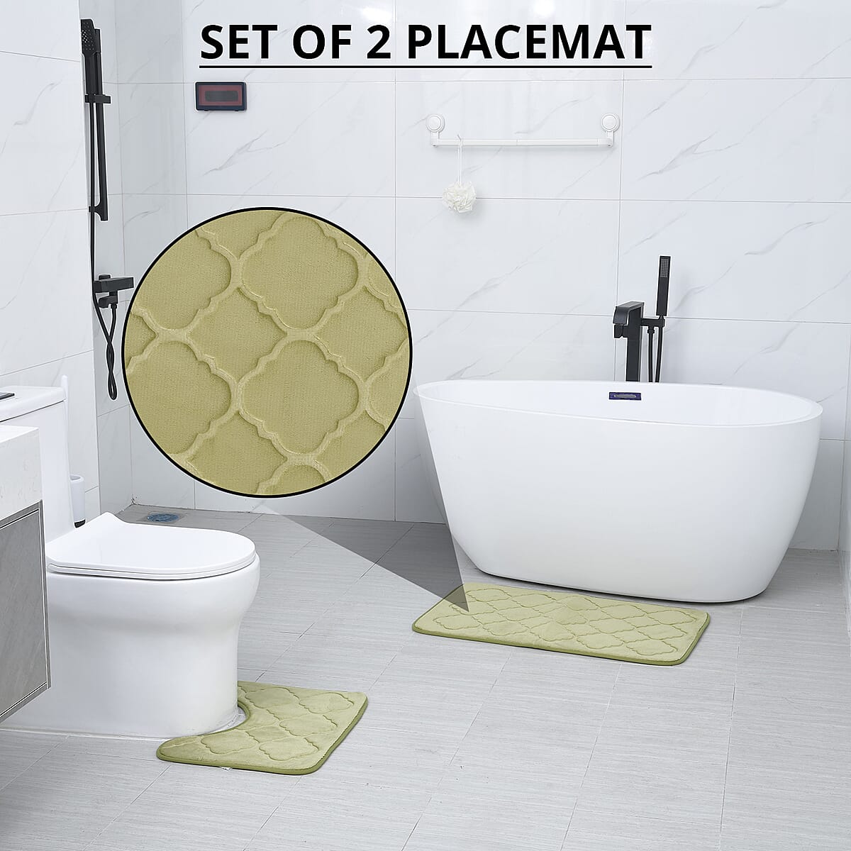 Homesmart Green Embossed Flannel Non-Woven Anti Slip Dot Backing Bath Mat and Contour Toilet Mat, Anti-Skid Quick Drying Handwash Bath Mat, Non Slip Bathroom Rug image number 1