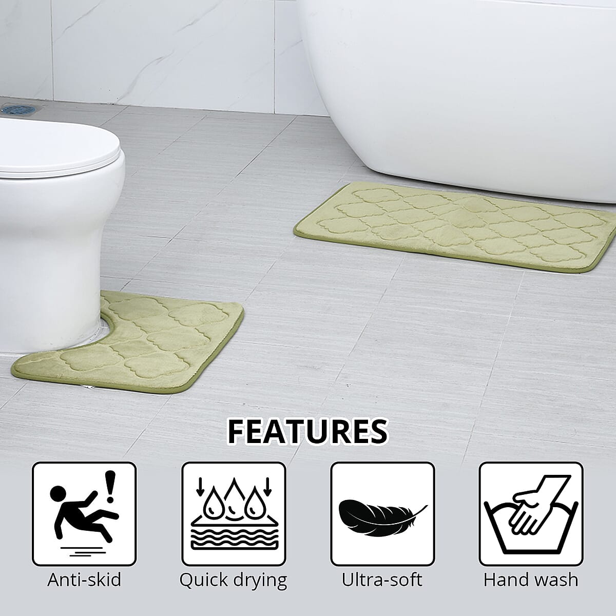 Homesmart Green Embossed Flannel Non-Woven Anti Slip Dot Backing Bath Mat and Contour Toilet Mat, Anti-Skid Quick Drying Handwash Bath Mat, Non Slip Bathroom Rug image number 2