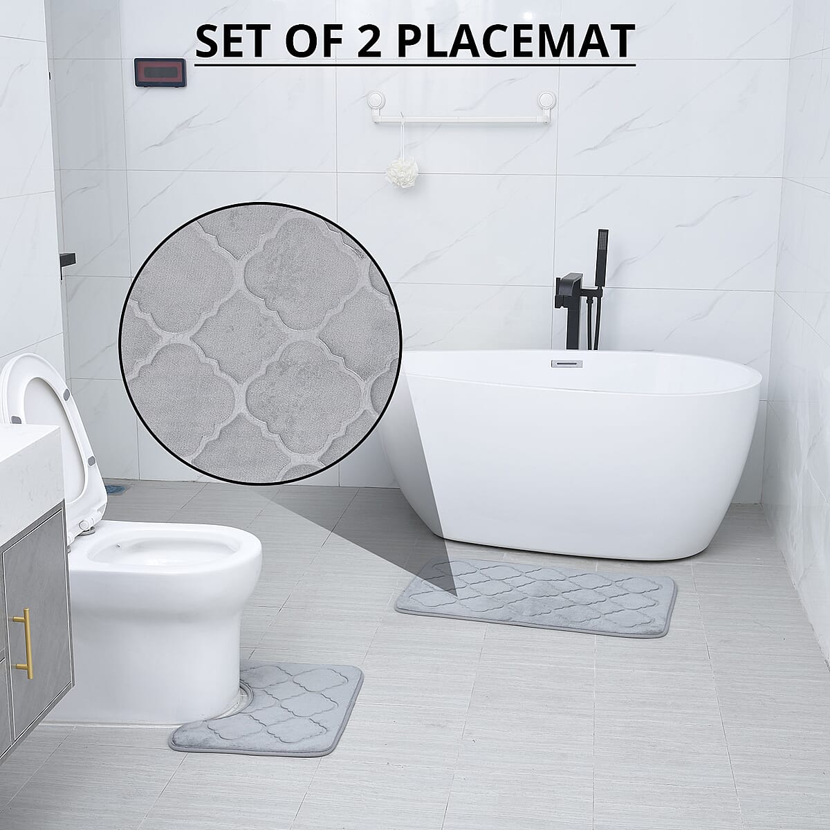 Homesmart Gray Embossed Flannel Non-Woven Anti Slip Dot Backing Bath Mat and Contour Toilet Mat, Anti-Skid Quick Drying Handwash Bath Mat, Non Slip Bathroom Rug image number 1