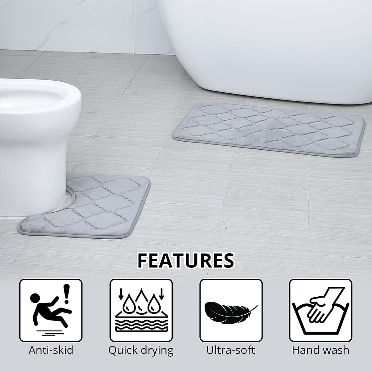 Homesmart Gray Embossed Flannel Non-Woven Anti Slip Dot Backing Bath Mat and Contour Toilet Mat, Anti-Skid Quick Drying Handwash Bath Mat, Non Slip Bathroom Rug image number 2