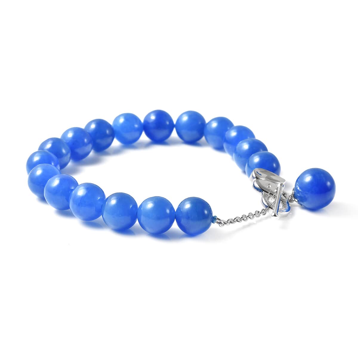 Blue Jade 10-12mm Beaded Charm Bracelet in Rhodium Over Sterling Silver (6.50 In) 122.25 ctw image number 2