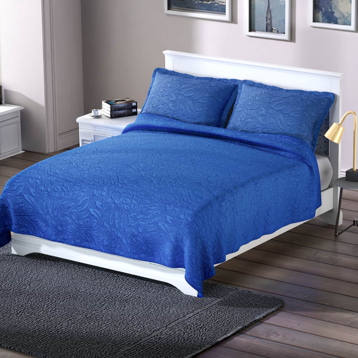 Homesmart Blue 3D Pinsonic Embossed Pattern Quilt with 2 Shams - Queen (Microfiber) image number 0