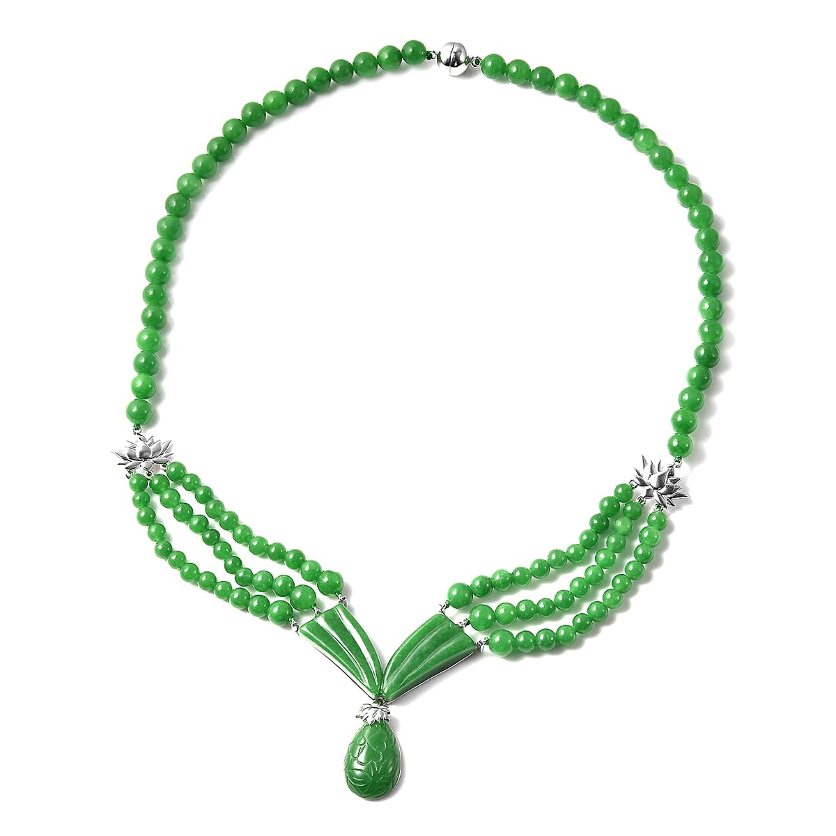 Green Jade Beaded Necklace 20 Inches in Rhodium Over Sterling Silver 11.25 Grams 302.50 ctw image number 0