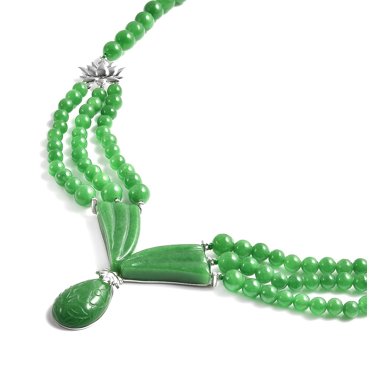Green Jade Beaded Necklace 20 Inches in Rhodium Over Sterling Silver 11.25 Grams 302.50 ctw image number 2