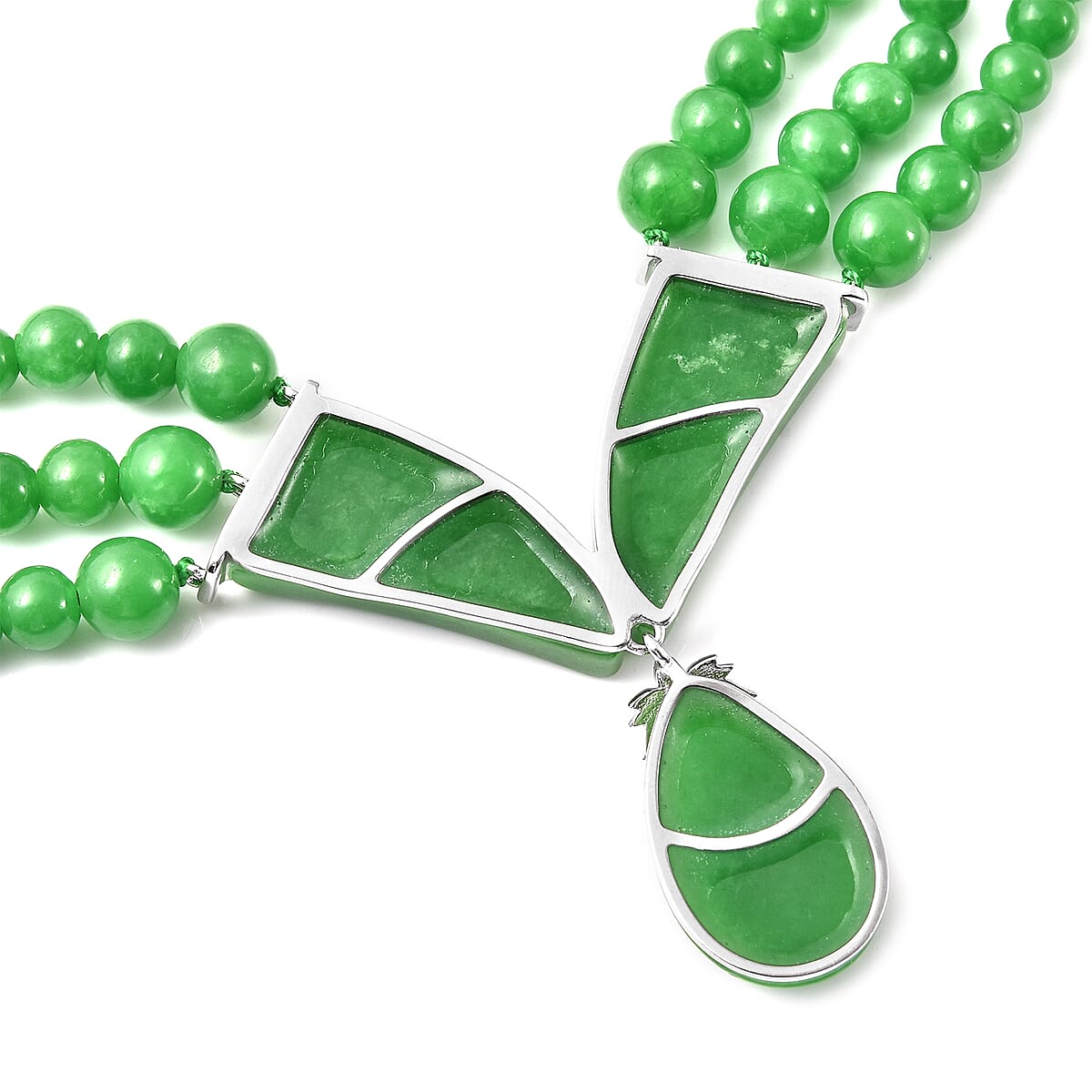Green Jade Beaded Necklace 20 Inches in Rhodium Over Sterling Silver 11.25 Grams 302.50 ctw image number 3