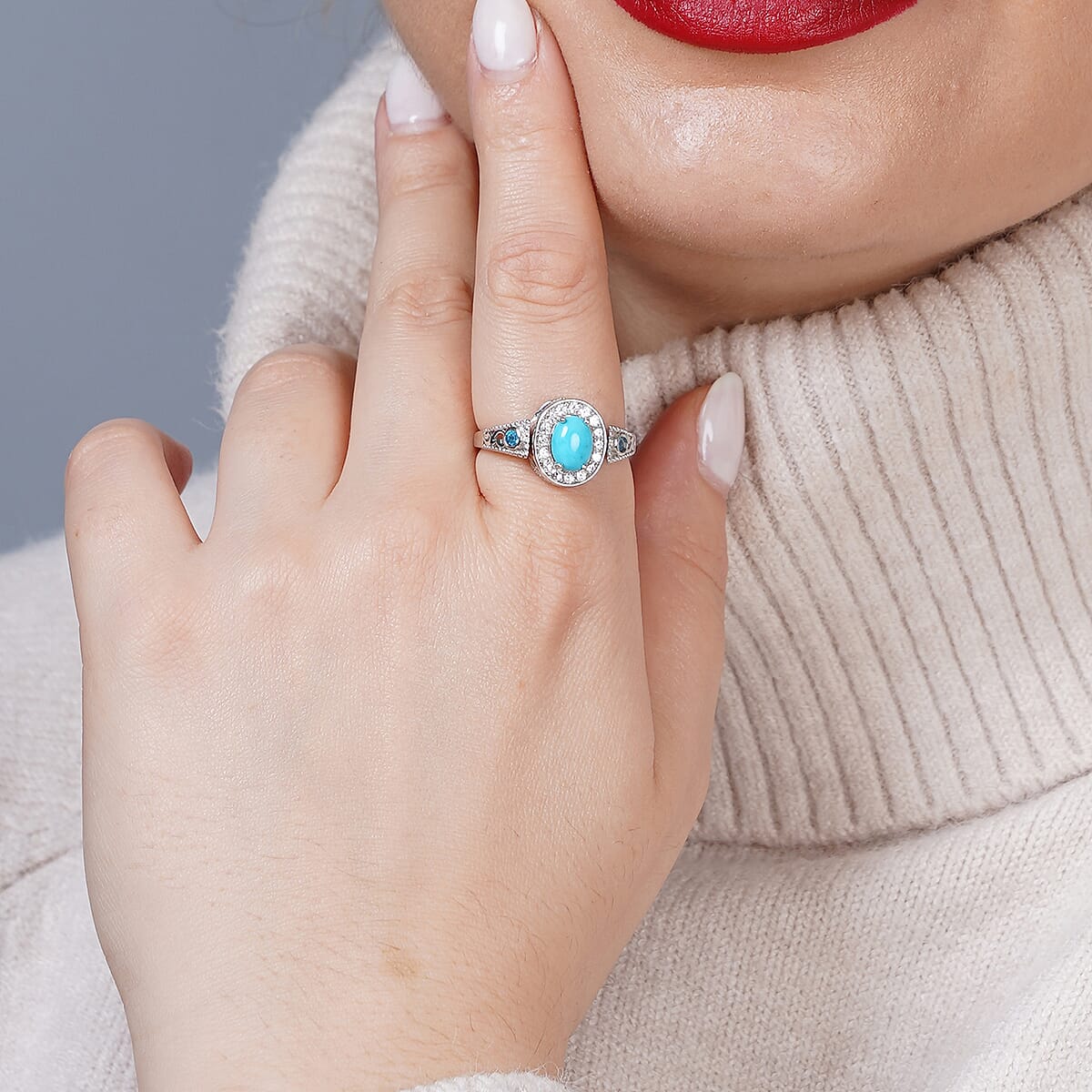 AMERICAN Natural Sleeping Beauty Turquoise and Multi Gemstone Convertible Ring (Size 6.0) or Pendant with Chain 18 Inches in Rhodium Over Sterling Silver 1.60 ctw image number 2