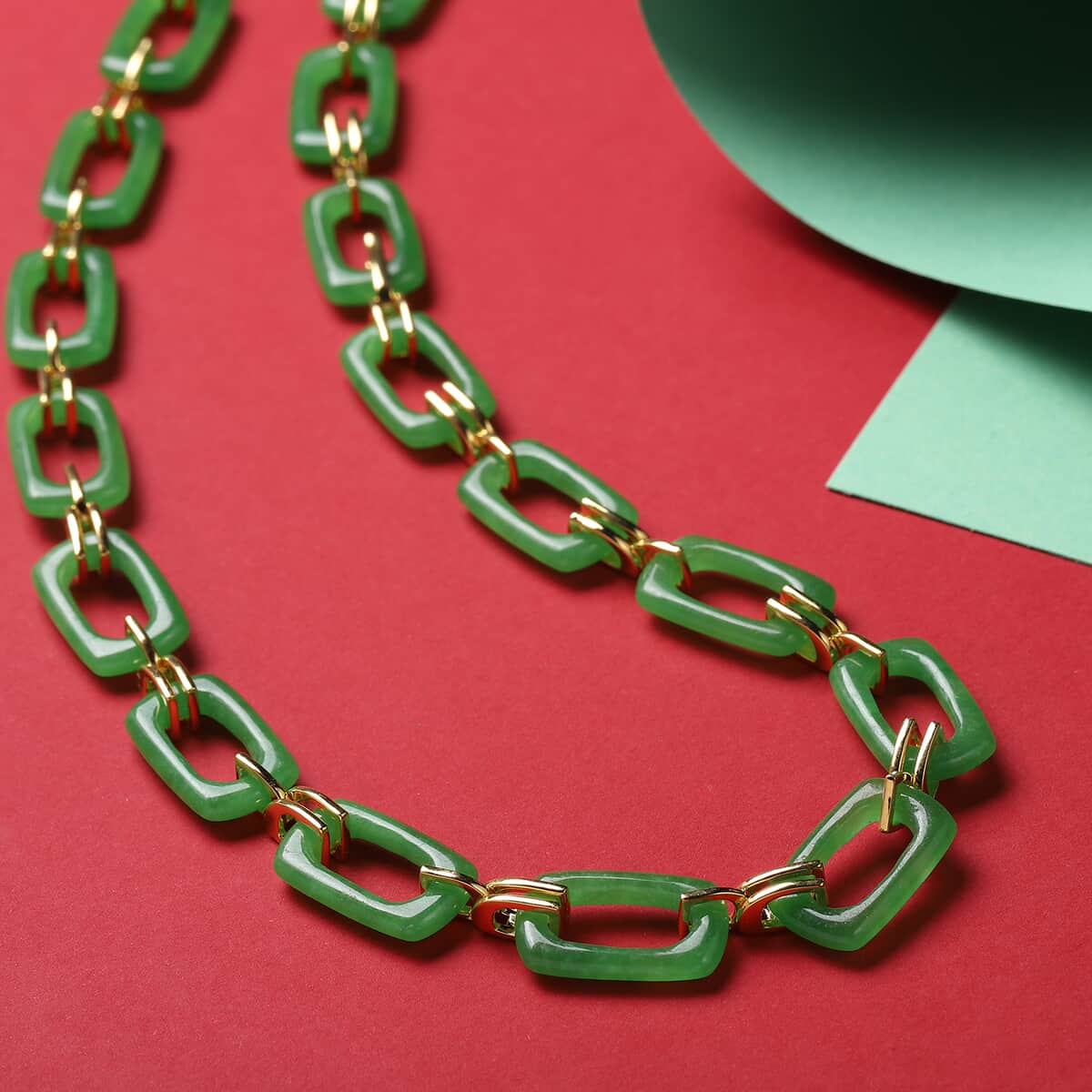Green Jade Paper Clip Necklace 18 Inches in Vermeil Yellow Gold Over Sterling Silver 17.25 Grams 119.00 ctw image number 1