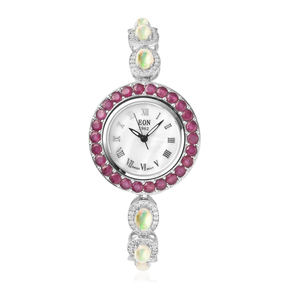 Eon 1962 Swiss Movement Ethiopian Welo Opal, Niassa Ruby (FF) and White Zircon Watch in Rhodium Over Sterling Silver (6-8 In) 11.50 ctw image number 0