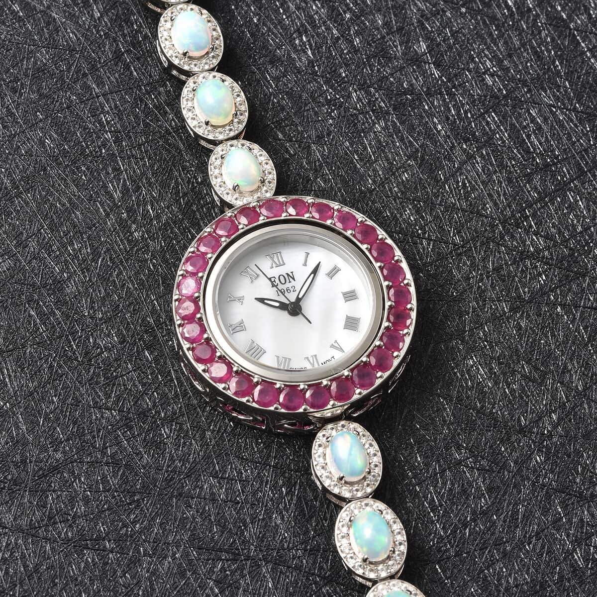 Eon 1962 Swiss Movement Ethiopian Welo Opal, Niassa Ruby (FF) and White Zircon Watch in Rhodium Over Sterling Silver (6-8 In) 11.50 ctw image number 1