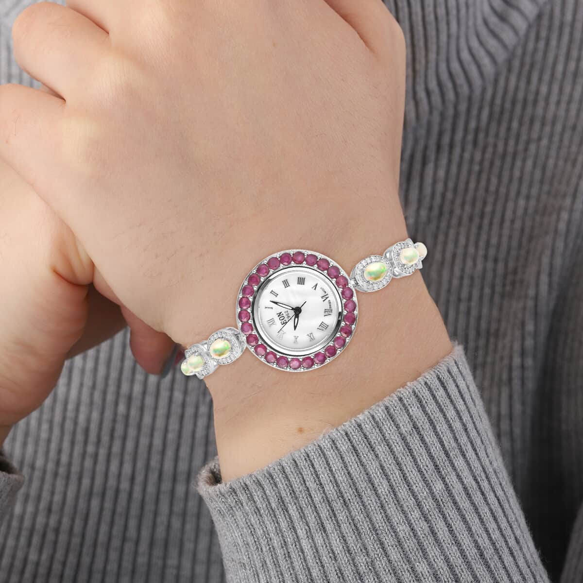 Eon 1962 Swiss Movement Ethiopian Welo Opal, Niassa Ruby (FF) and White Zircon Watch in Rhodium Over Sterling Silver (6-8 In) 11.50 ctw image number 2