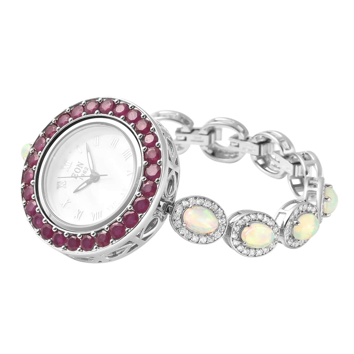 EON 1962 Swiss Movement Ethiopian Welo Opal, Niassa Ruby and Natural White Zircon Halo Watch in Rhodium Over Sterling Silver 11.50 ctw image number 4