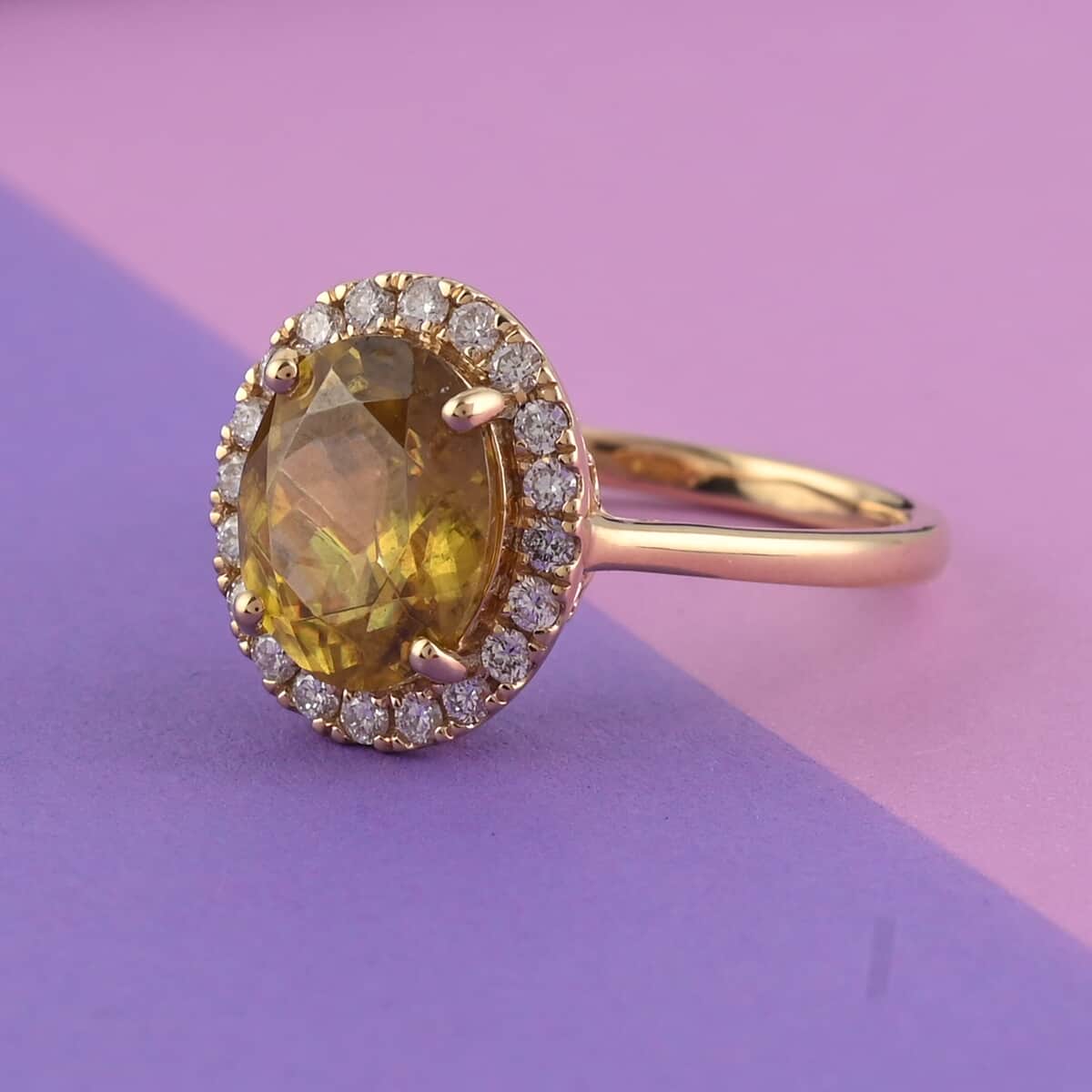 Iliana 18K Yellow Gold AAA Sava Sphene and G-H SI Diamond Halo Ring (Size 7.0) 4.35 Grams 4.00 ctw image number 1