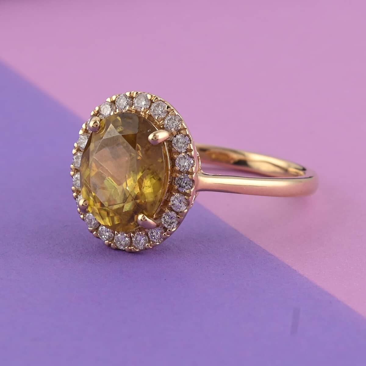 Iliana 18K Yellow Gold AAA Sava Sphene and G-H SI Diamond Halo Ring (Size 8.0) 4.35 Grams 4.00 ctw image number 1