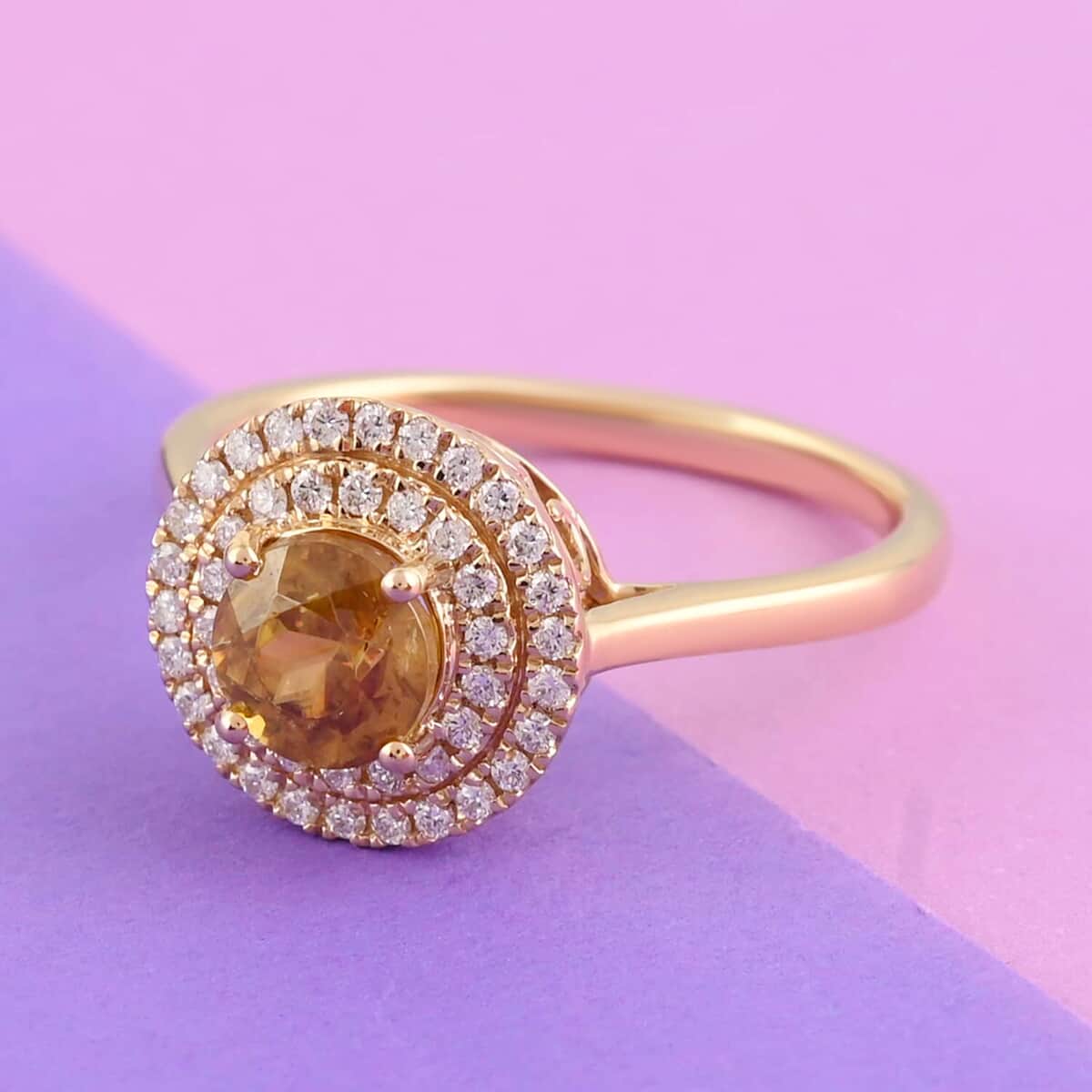 Iliana 18K Yellow Gold AAA Sava Sphene and G-H SI Diamond Double Halo Ring (Size 8.0) 4.10 Grams 1.50 ctw image number 1