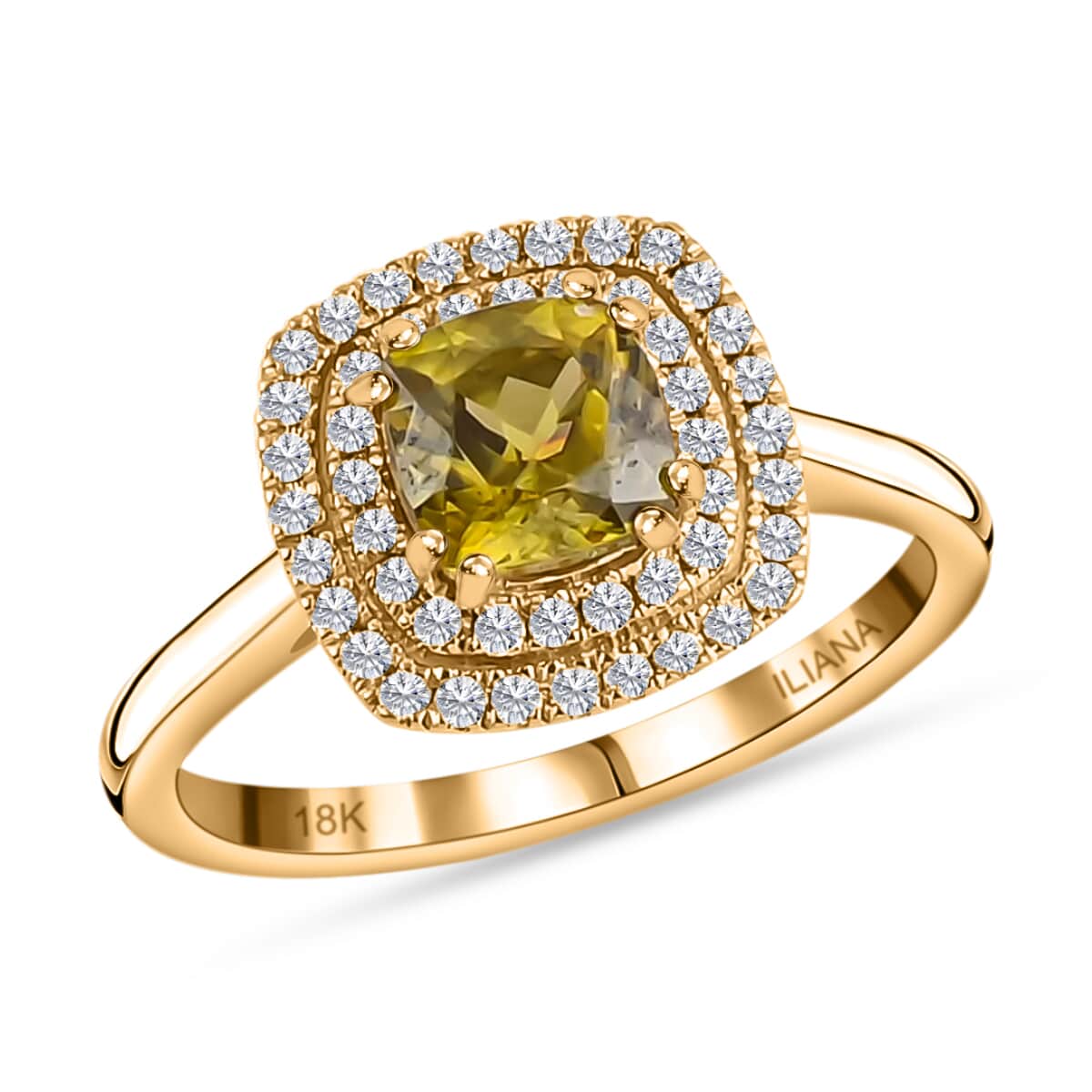 Iliana 18K Yellow Gold AAA Sava Sphene and G-H SI Diamond Double Halo Ring (Size 6.0) 4.25 Grams 1.60 ctw image number 0