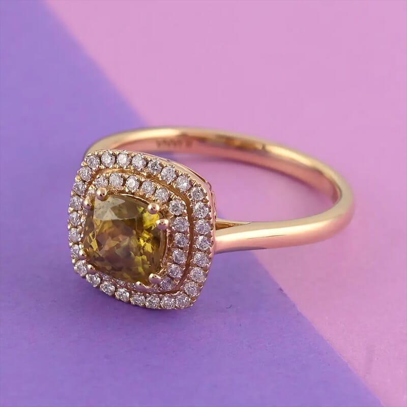 Iliana 18K Yellow Gold AAA Sava Sphene and G-H SI Diamond Double Halo Ring (Size 6.0) 4.25 Grams 1.60 ctw