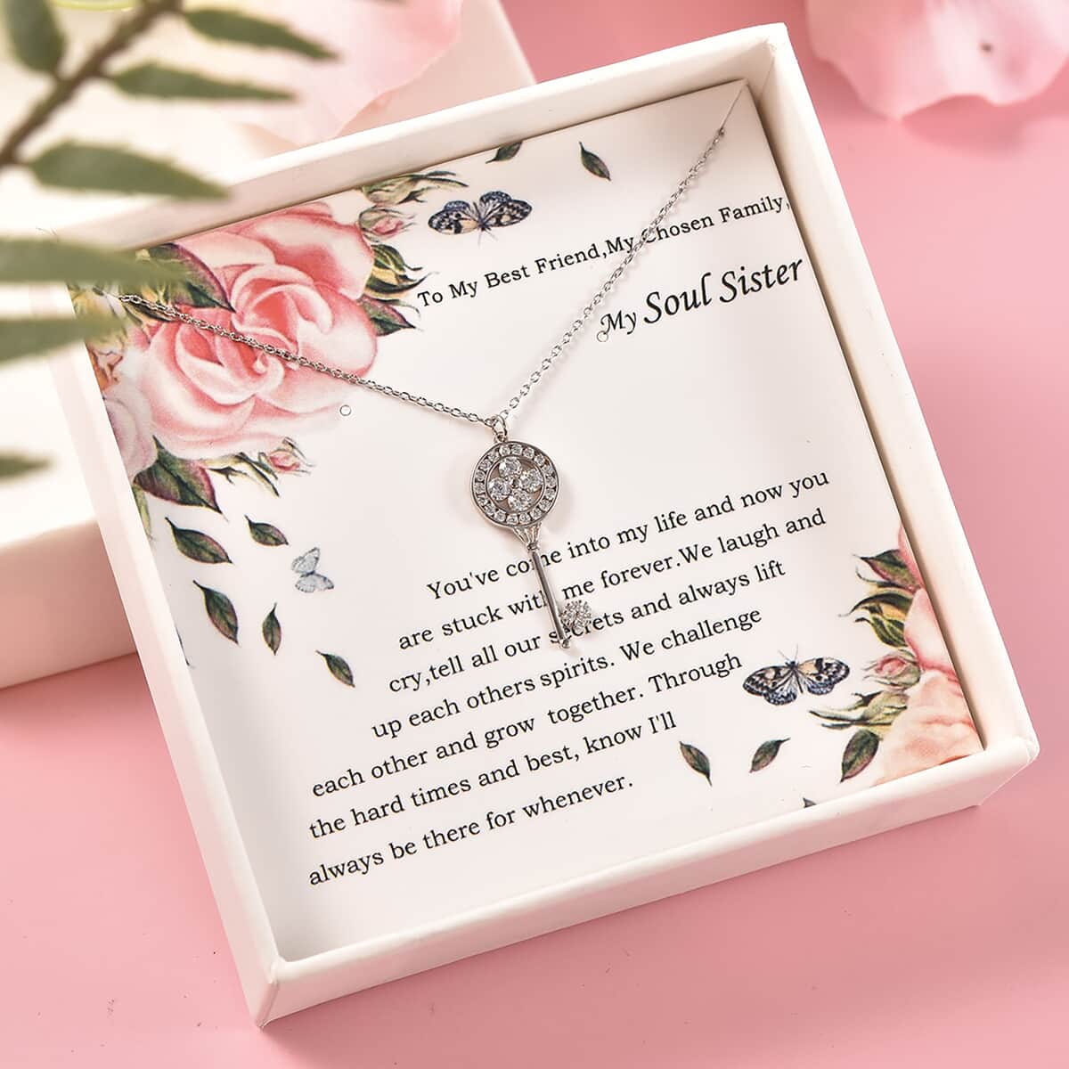 To My Soul Sister, Simulated Diamond Key Pendant Necklace Gift Set, in Rhodium Over Sterling Silver 17 Inches 0.85 ctw image number 0
