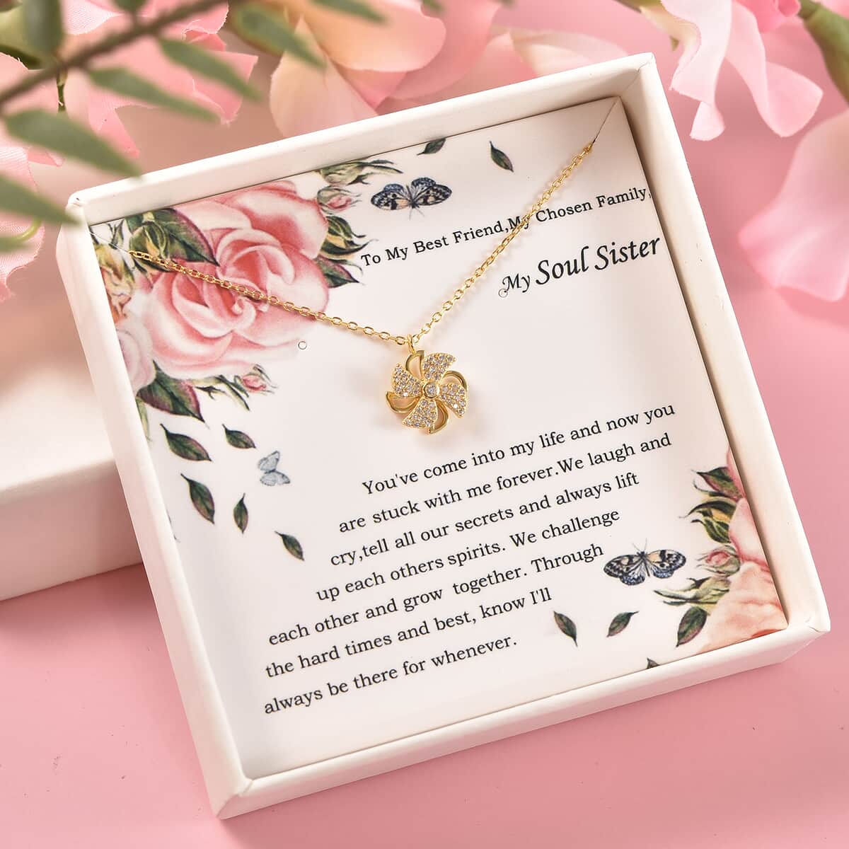 To My Soul Sister Jewelry Gift Box with Simulated White Diamond Windmill Pendant Necklace 16.50In in 14K YG Over Sterling Silver 0.65 ctw image number 0