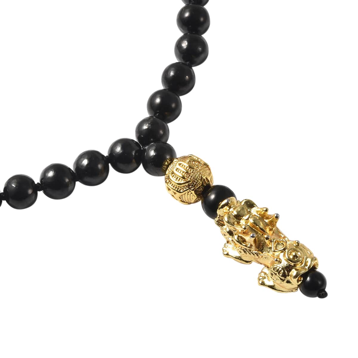 Shungite Beaded Feng Shui Necklace 20 Inches with Pixiu Pendant in Goldtone 195.50 ctw image number 3