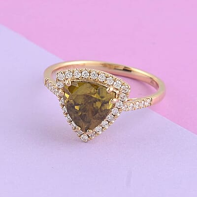 Iliana 18K Yellow Gold AAA Sava Sphene and G-H SI Diamond 3.25 ctw Halo Ring (Size 7.0) 4.30 Grams