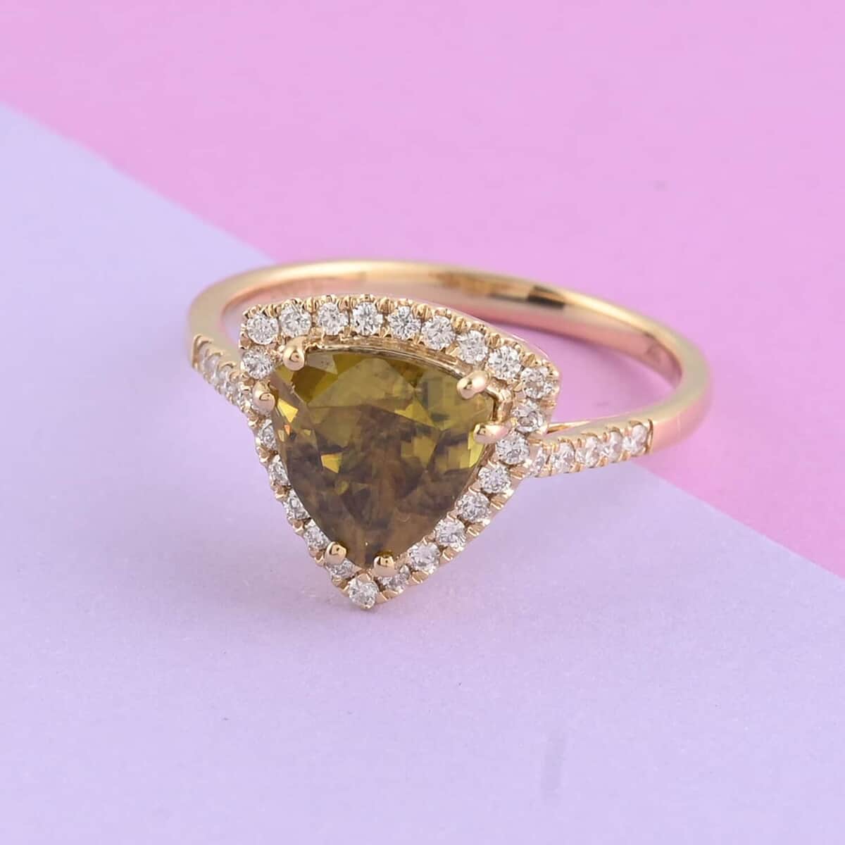 ONE OF A KIND ILIANA 18K Yellow Gold AAA Sava Sphene and G-H SI Diamond Halo Ring (Size 9.0) 4.30 Grams 3.25 ctw image number 1