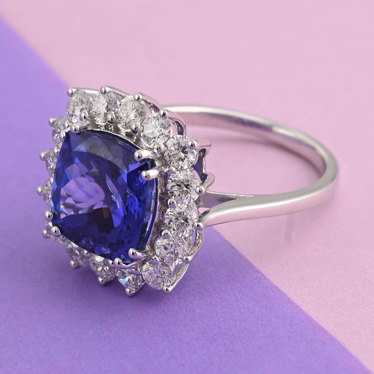 RHAPSODY 950 Platinum AAAA Tanzanite and E-F VS Diamond Halo Ring (Size 10.0) 8.90 Grams 7.30 ctw image number 1