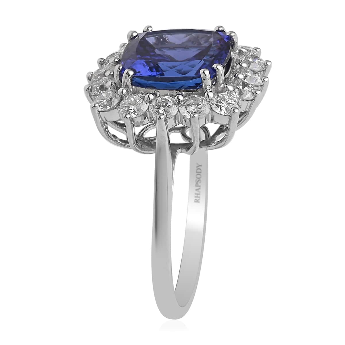 RHAPSODY 950 Platinum AAAA Tanzanite and E-F VS Diamond Halo Ring (Size 10.0) 8.90 Grams 7.30 ctw image number 3