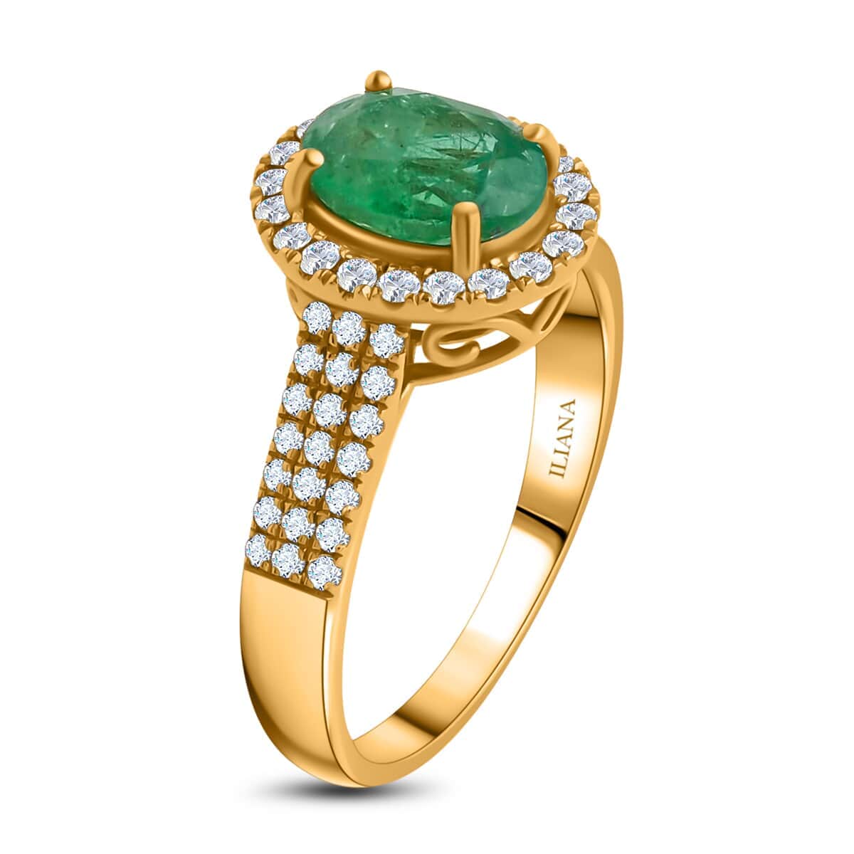 Iliana 18K Yellow Gold AAA Kagem Zambian Emerald and G-H SI Diamond Ring (Size 6.0) 4.10 Grams 1.60 ctw image number 3