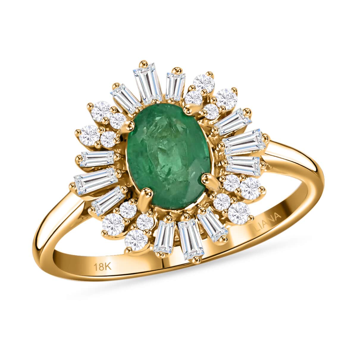 Iliana 18K Yellow Gold AAA Kagem Zambian Emerald and G-H SI Diamond Sunburst Ring 4.50 Grams 1.75 ctw image number 0