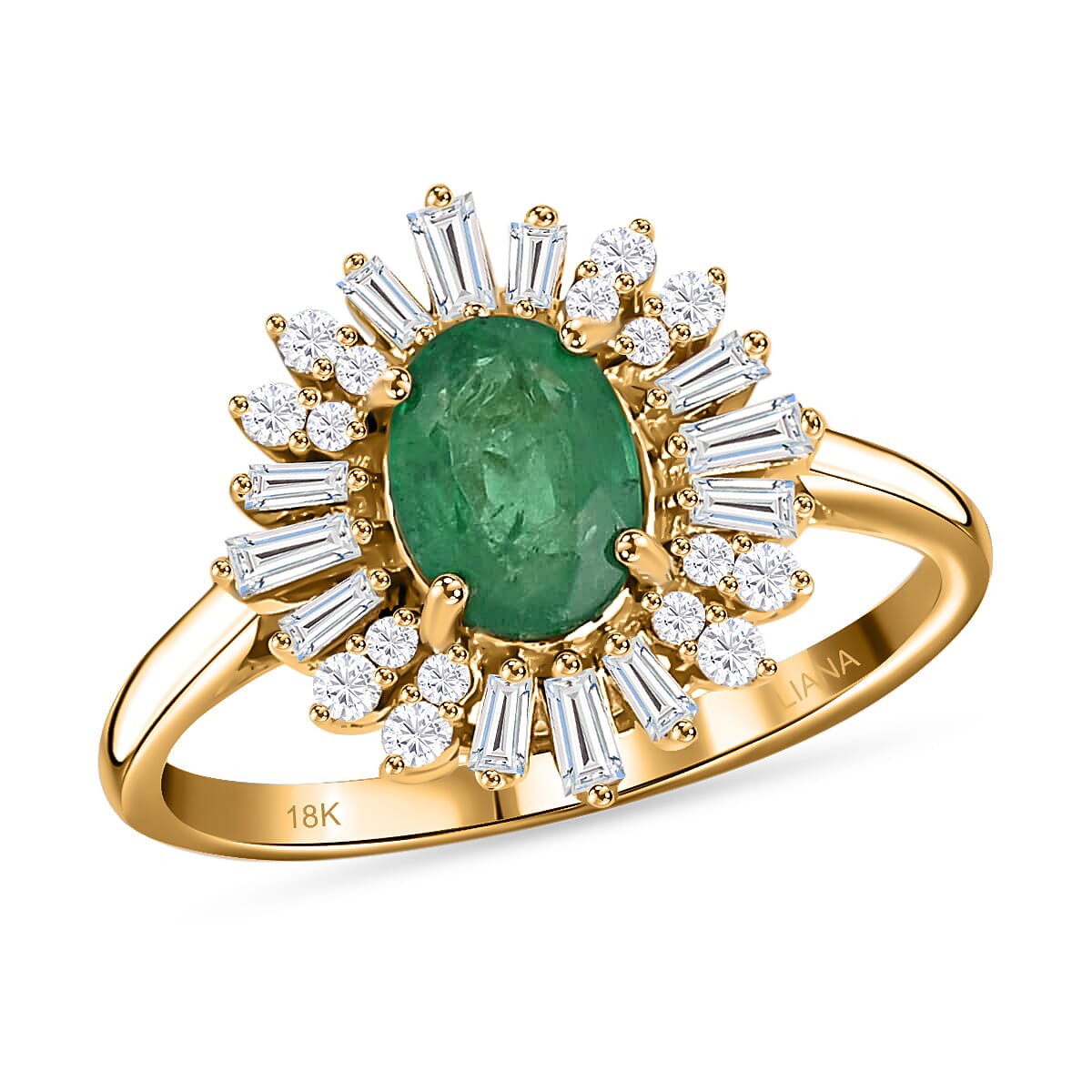 Iliana 18K Yellow Gold AAA Kagem Zambian Emerald and G-H SI Diamond Sunburst Ring 4.50 Grams 1.75 ctw image number 0