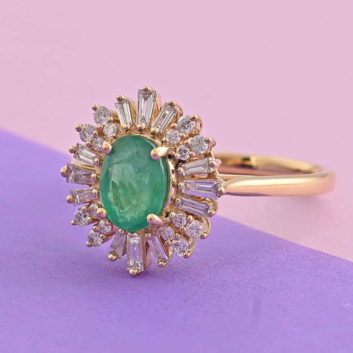 Iliana 18K Yellow Gold AAA Kagem Zambian Emerald and G-H SI Diamond Sunburst Ring 4.50 Grams 1.75 ctw image number 1