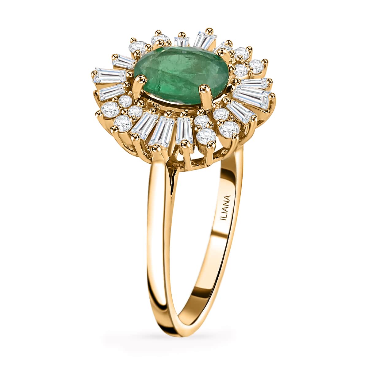 Iliana 18K Yellow Gold AAA Kagem Zambian Emerald and G-H SI Diamond Sunburst Ring 4.50 Grams 1.75 ctw image number 3