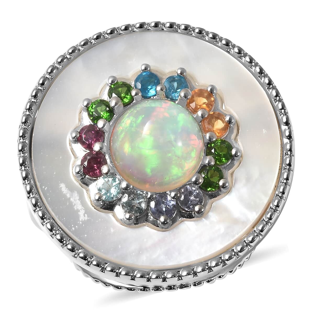 Ethiopian Welo Opal and Multi Gemstone Double Circle Ring in Rhodium Over Sterling Silver (Size 10.0) 8.45 Grams 2.40 ctw image number 0