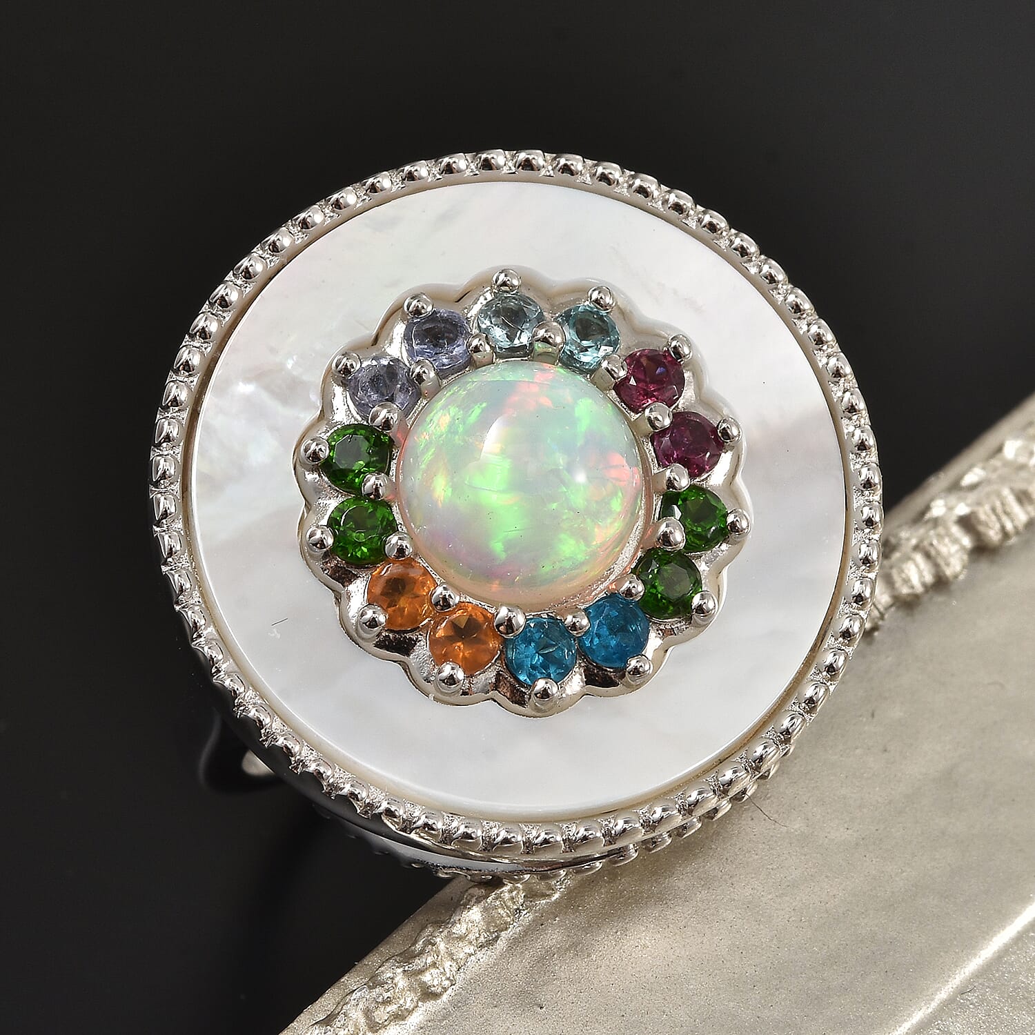 Ethiopian Welo Opal and Multi Gemstone Double Circle Ring in Rhodium Over Sterling Silver (Size 10.0) 8.45 Grams 2.40 ctw