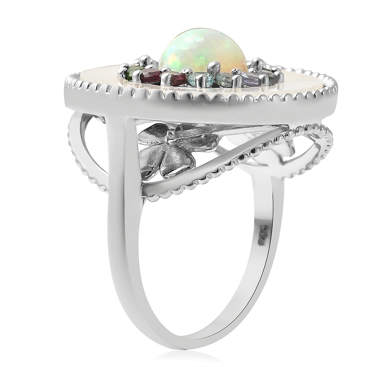 Ethiopian Welo Opal and Multi Gemstone Double Circle Ring in Rhodium Over Sterling Silver (Size 10.0) 8.45 Grams 2.40 ctw