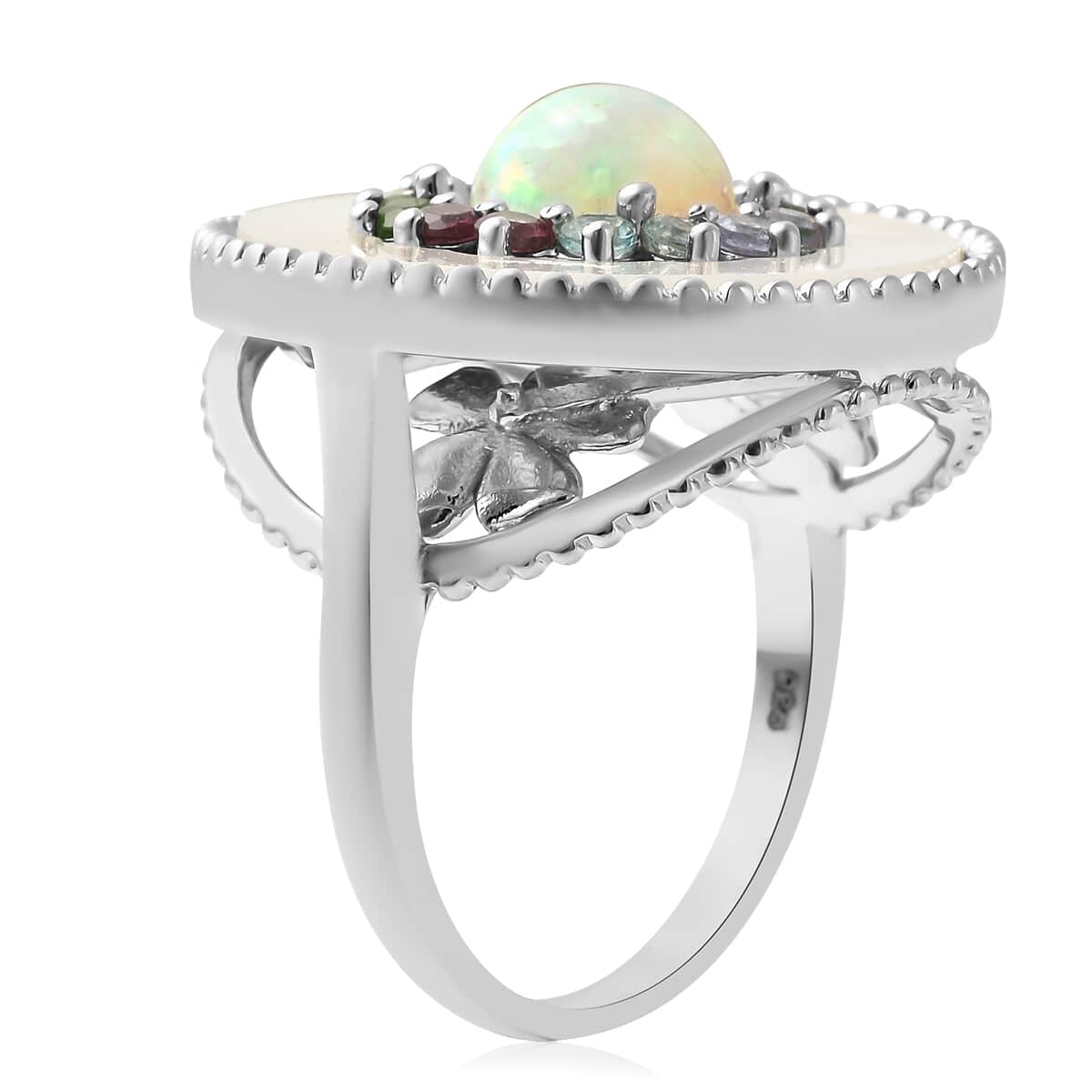 Ethiopian Welo Opal and Multi Gemstone Double Circle Ring in Rhodium Over Sterling Silver (Size 10.0) 8.45 Grams 2.40 ctw image number 3