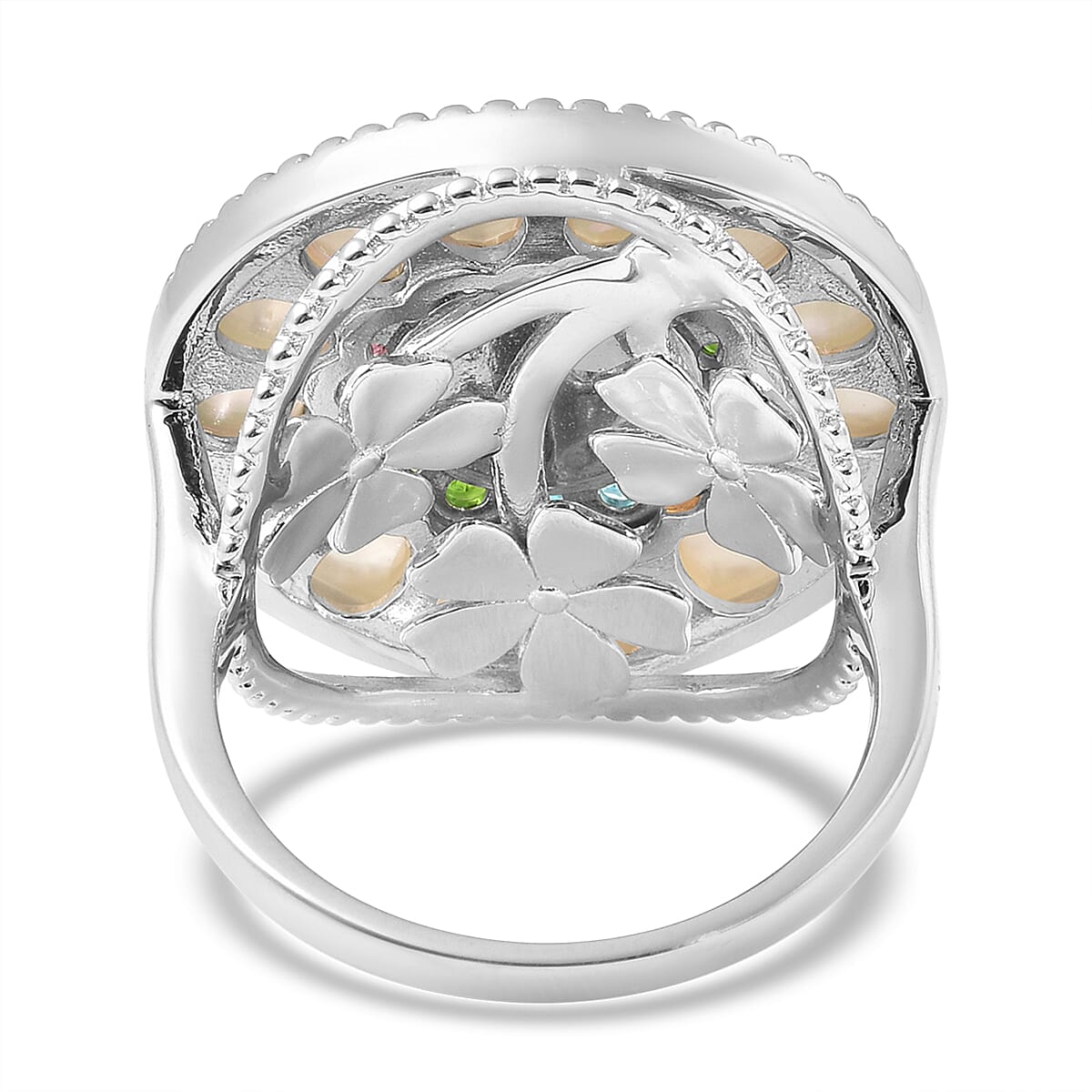 Ethiopian Welo Opal and Multi Gemstone Double Circle Ring in Rhodium Over Sterling Silver (Size 10.0) 8.45 Grams 2.40 ctw