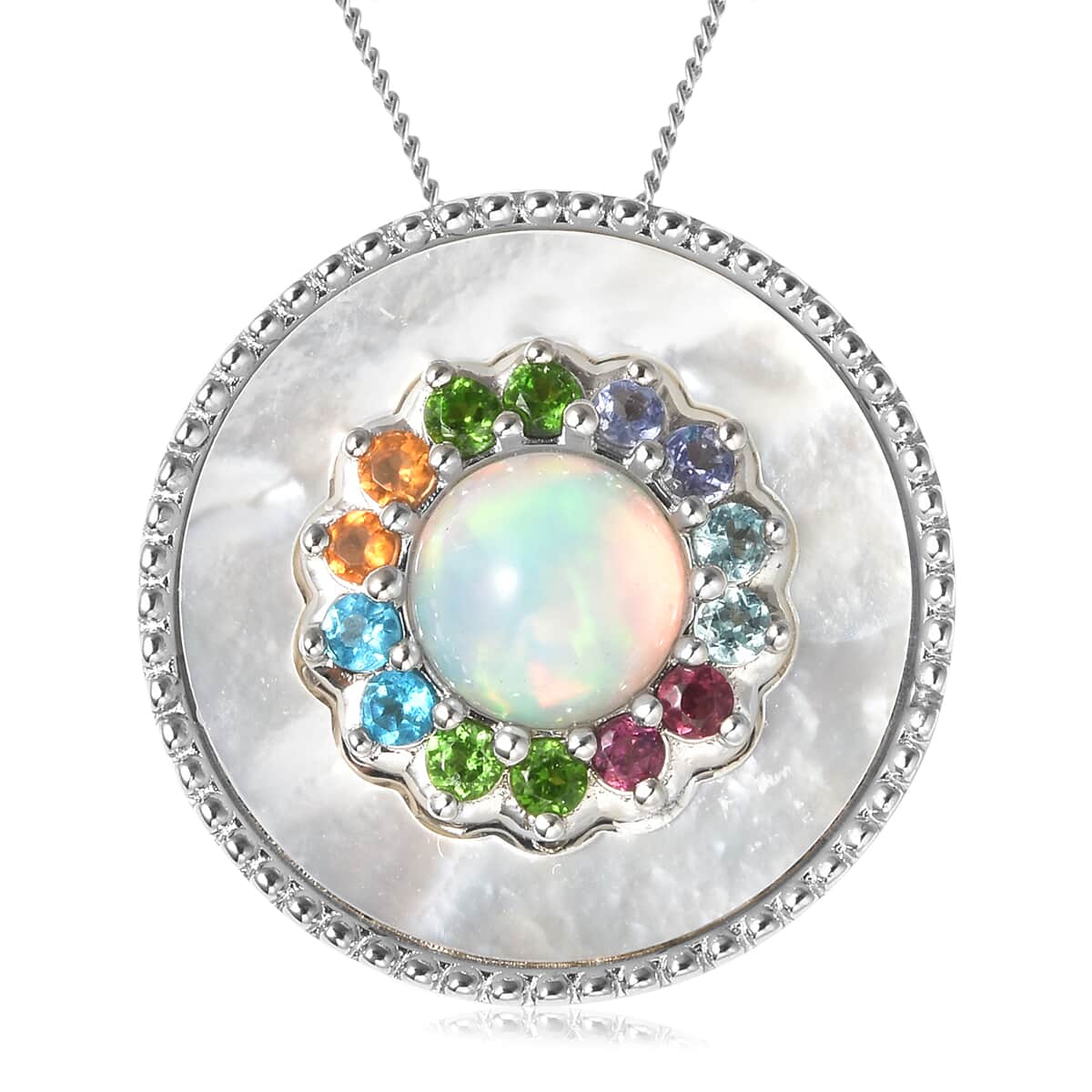 Ethiopian Welo Opal and Multi Gemstone Double Circle Pendant Necklace 18 Inches in Rhodium Over Sterling Silver 8.80 Grams 2.10 ctw image number 0