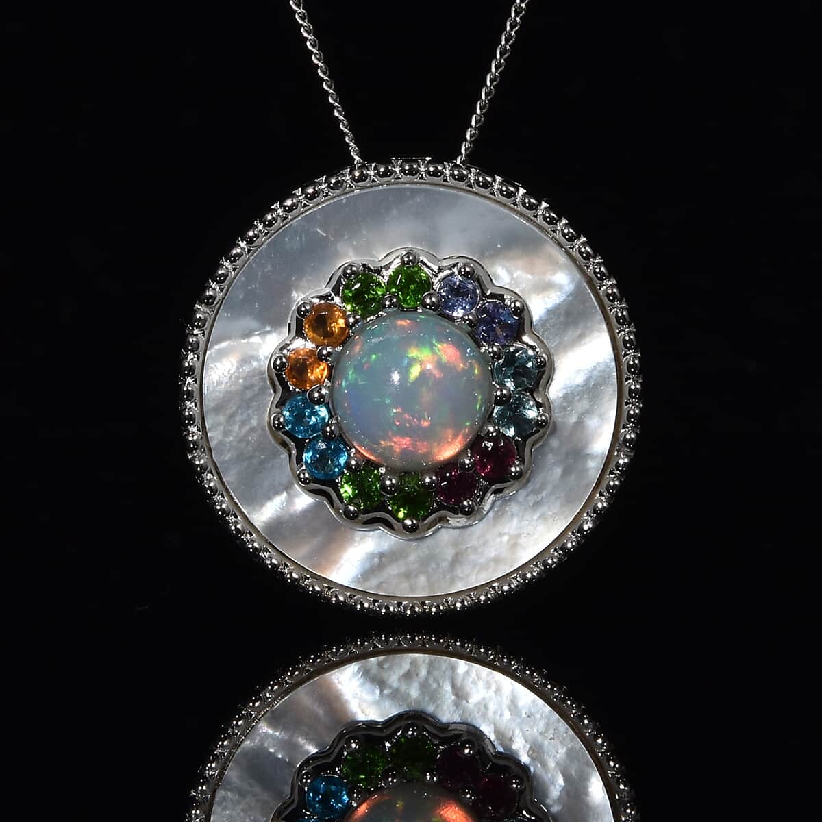 Ethiopian Welo Opal and Multi Gemstone Double Circle Pendant Necklace 18 Inches in Rhodium Over Sterling Silver 8.80 Grams 2.10 ctw image number 1