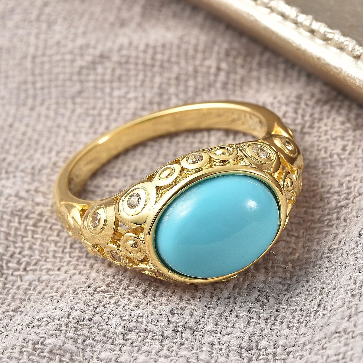 Sleeping Beauty Turquoise and Natural White Zircon Ring in Vermeil Yellow Gold Over Sterling Silver (Size 10.0) 3.40 ctw image number 1