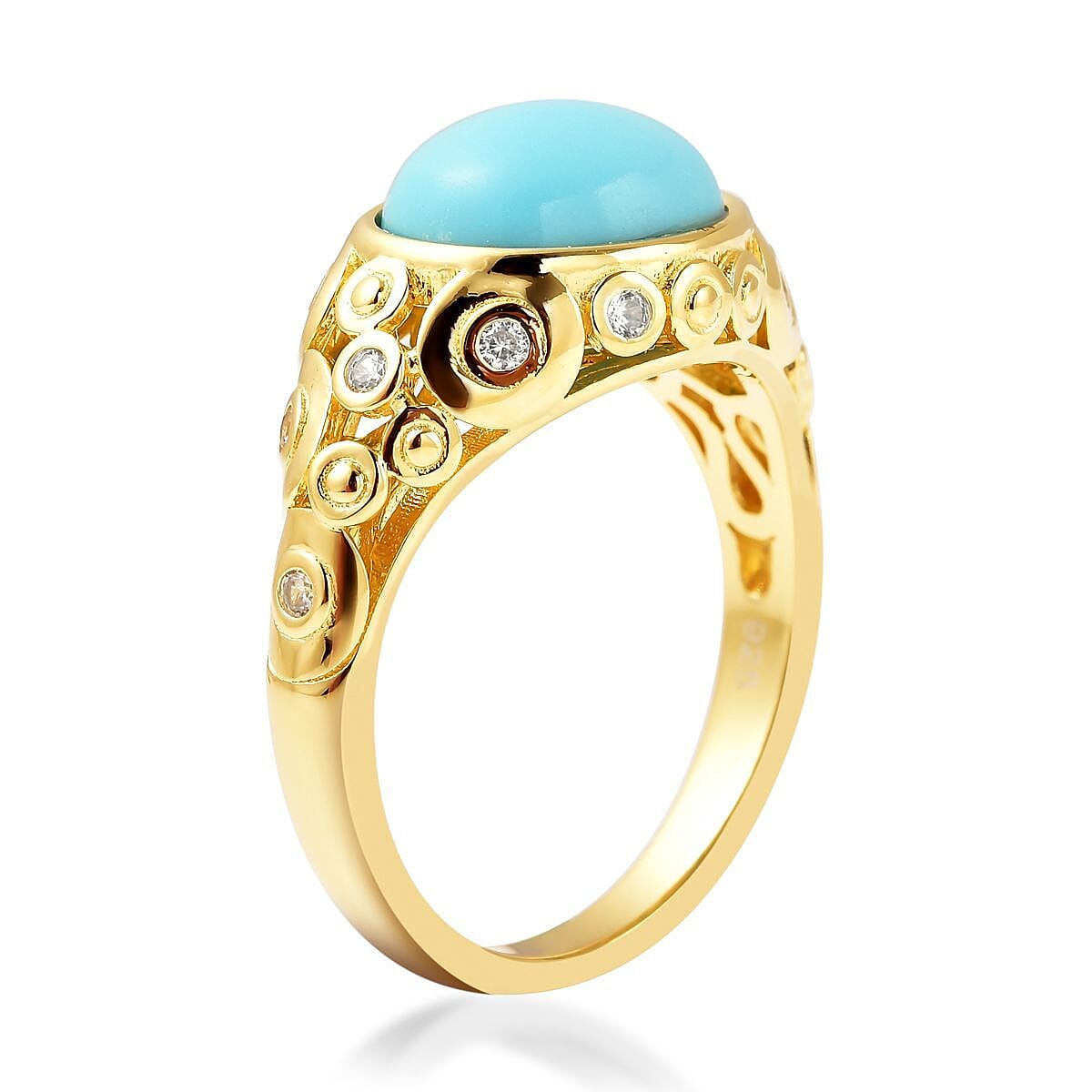 Sleeping Beauty Turquoise and Natural White Zircon Ring in Vermeil Yellow Gold Over Sterling Silver (Size 10.0) 3.40 ctw image number 3