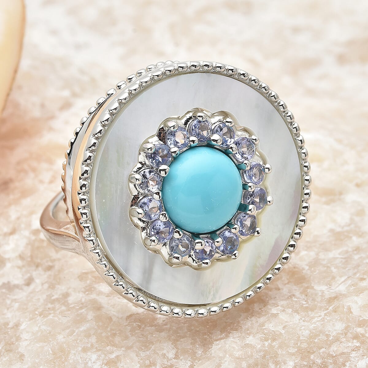 Sleeping Beauty Turquoise and Multi Gemstone Double Circle Ring in Rhodium Over Sterling Silver (Size 7.0) 2.75 ctw image number 1