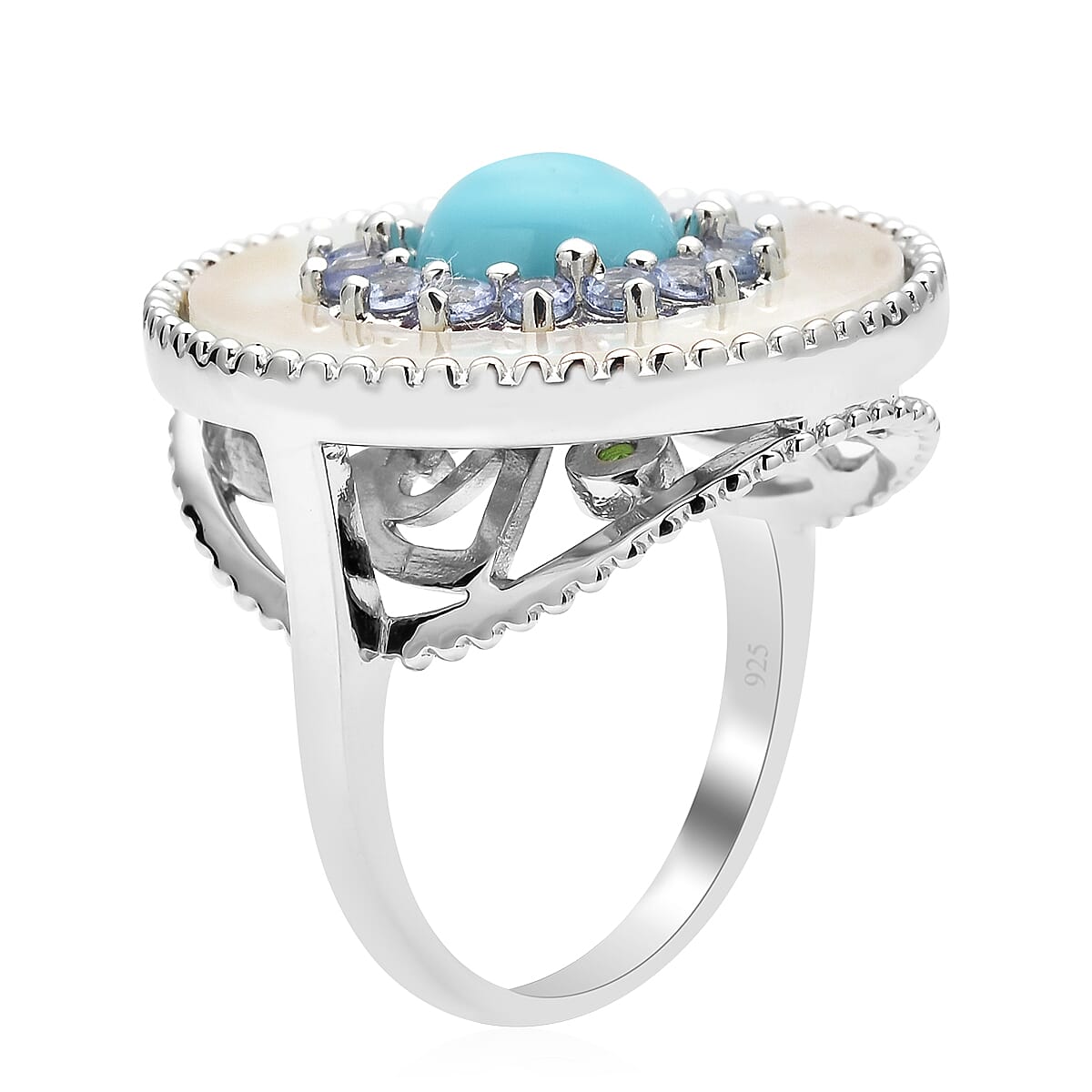 Sleeping Beauty Turquoise and Multi Gemstone Double Circle Ring in Rhodium Over Sterling Silver (Size 7.0) 2.75 ctw image number 3