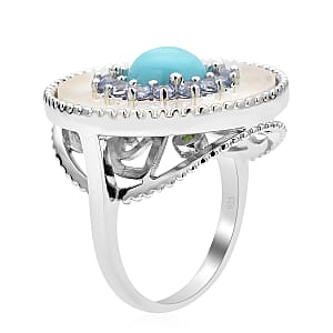 Sleeping Beauty Turquoise and Multi Gemstone Double Circle Ring in Rhodium Over Sterling Silver (Size 7.0) 2.75 ctw