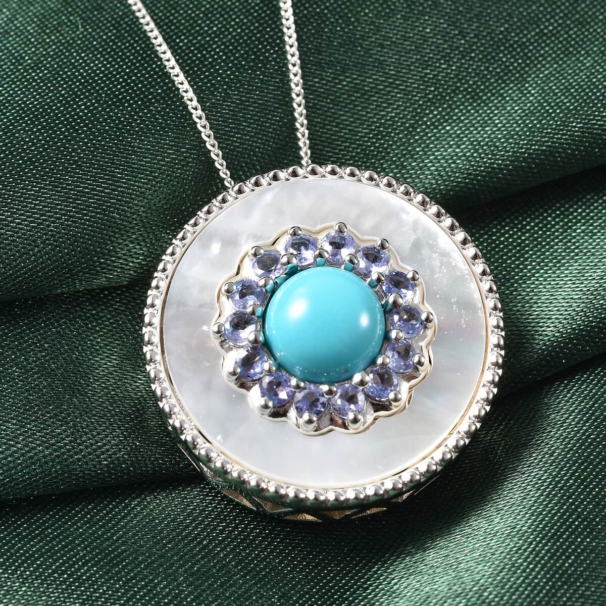 Sleeping Beauty Turquoise and Multi Gemstone Circle Pendant Necklace 18 Inches in Rhodium Over Sterling Silver 2.75 ctw image number 1