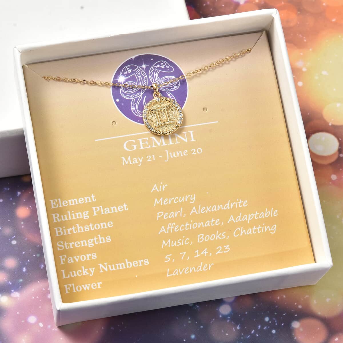 All About Gemini Zodiac Necklace Gift Box with Simulated Diamond Gemini Symbol Necklace 17 Inches in 14K Yellow Gold Over Sterling Silver 0.30 ctw image number 0